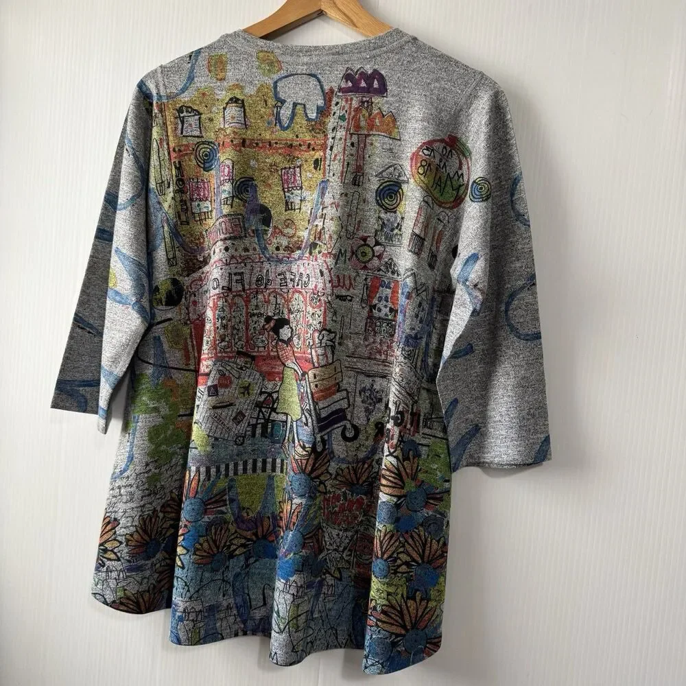 Inoah Women City Walk Crew Neck 3/4 Sleeve Top Size XS Tee Tunic Graffiti